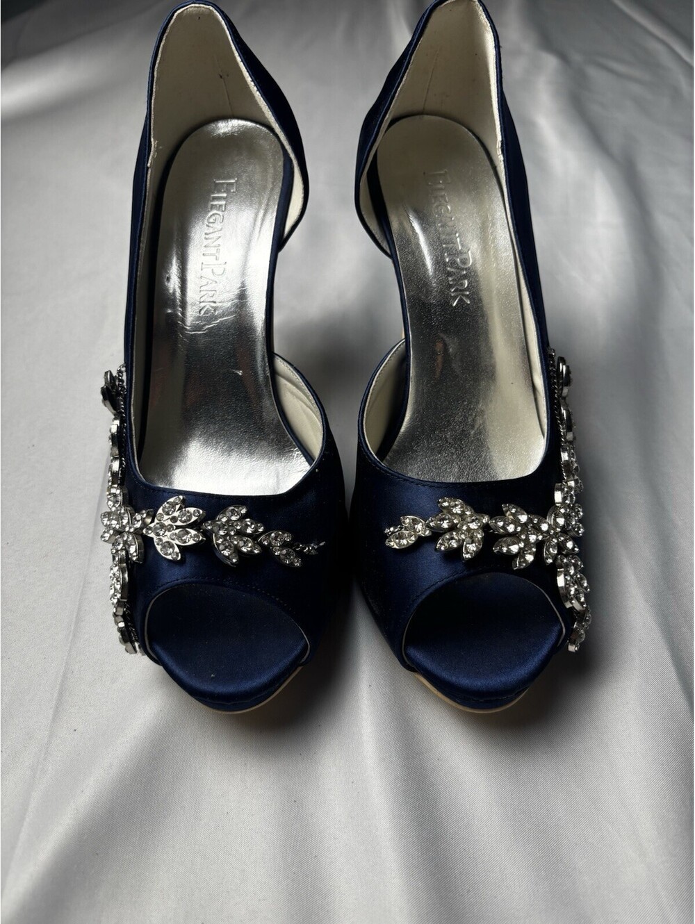 Elegant Park Navy Blue Satin Peep Toe Heels with Rhinestone
